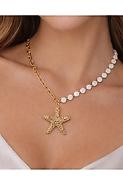 Deniz Yıldızı Figürlü Taşlı Gold Zincir Kadın Kolye