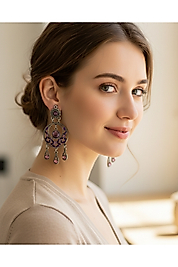 Mor Taşlı Otantik Sallantılı Küpe Vintage Bohem Kadın Küpe