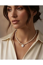 Doğal İnci Taşlı Kalp Figürlü Kolye – Gold Detaylı Zarif Tasarım