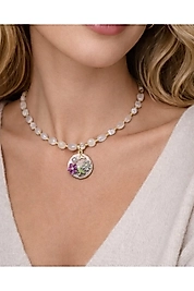 Pembe Kuvars Taşlı Çiçek Figürlü Madalyon Kadın Kolye