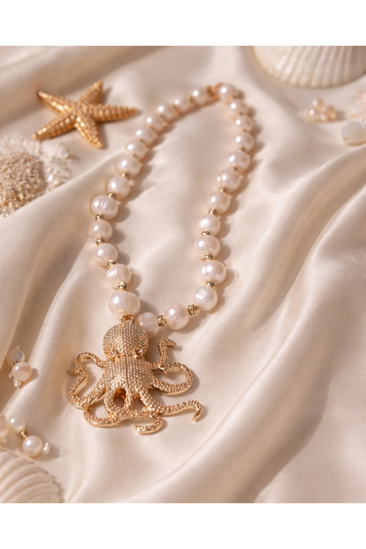 Ahtapot figürlü Gerçek İnci Kadın Kolye