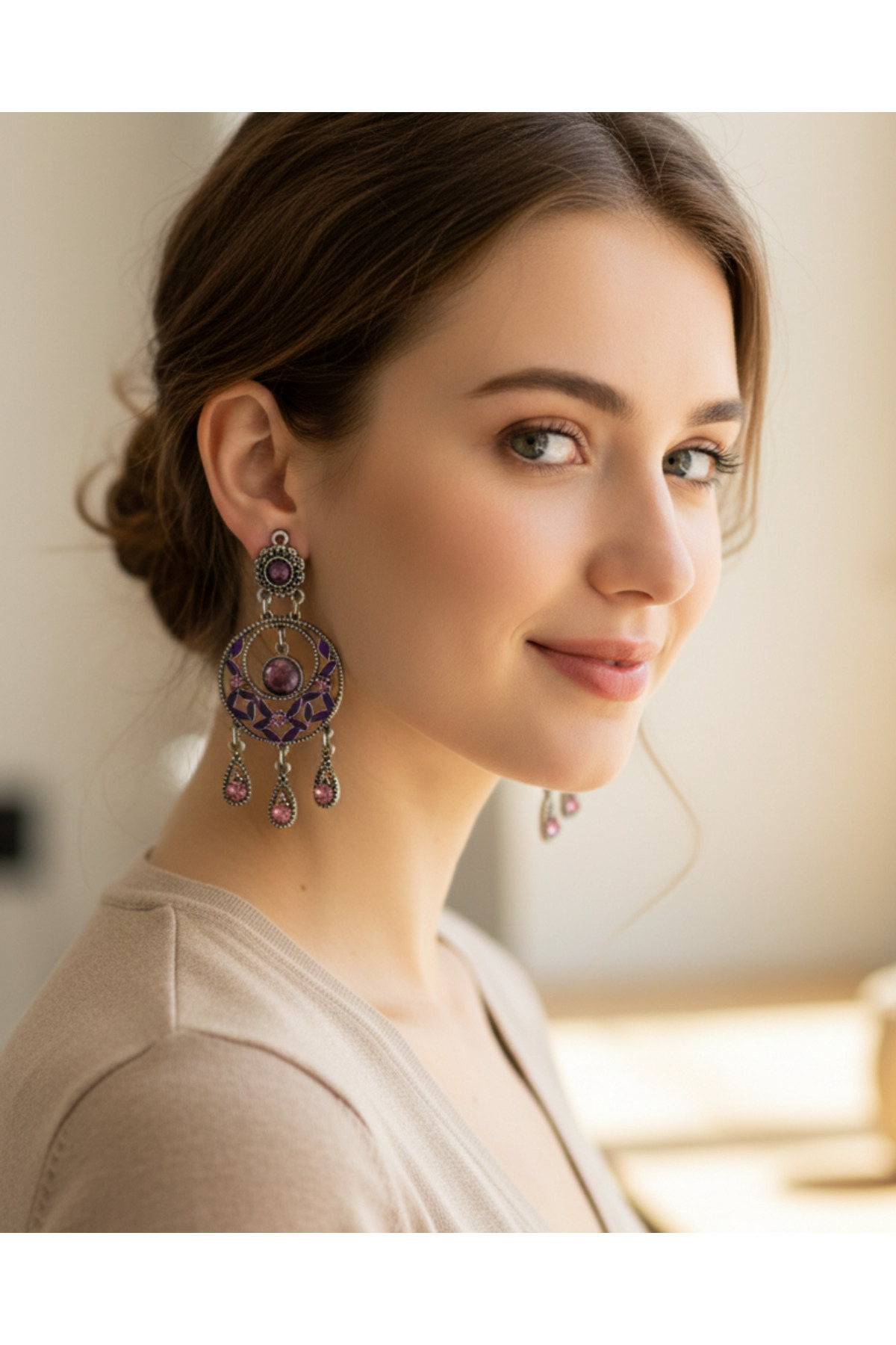 Mor Taşlı Otantik Sallantılı Küpe Vintage Bohem Kadın Küpe