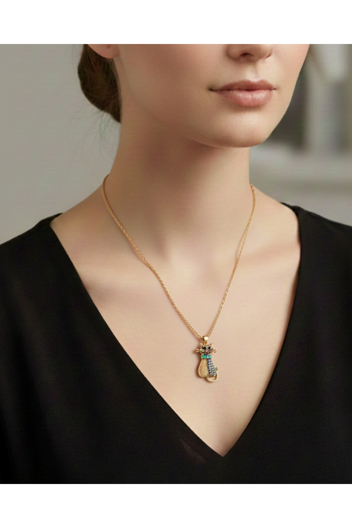 Çelik gold renkli kedili kolye