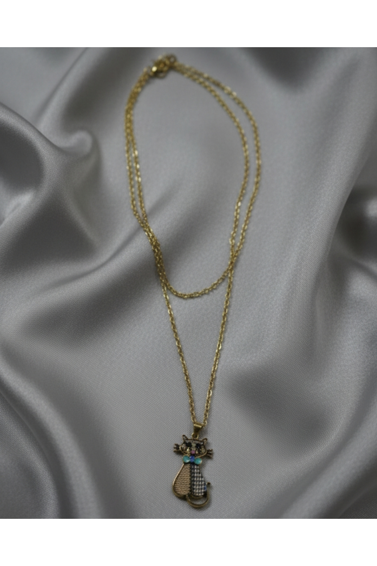 Çelik gold renkli kedili kolye
