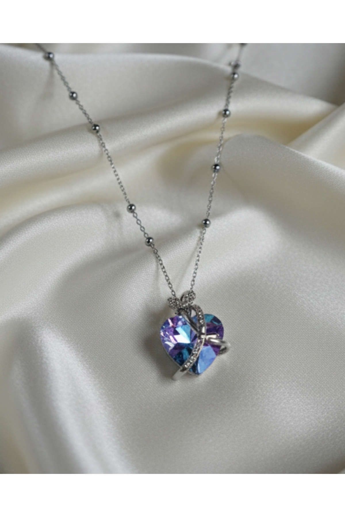 316L Çelik Zincirli Gümüş Renk Zirkon Taşlı Anna Kalp Kolye